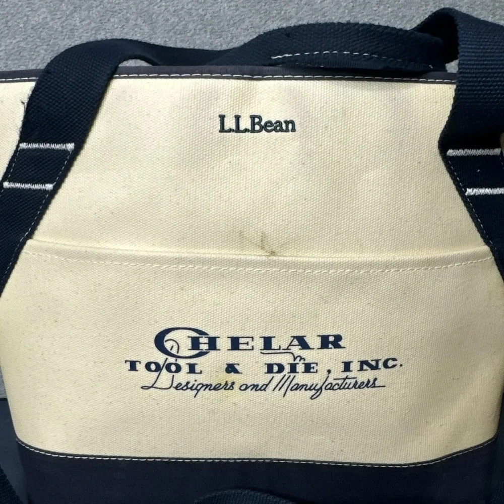 LL Bean Boat & Tote Insulated Canvas Cooler Tote Navy Cream Zip Lunch Bag Strap